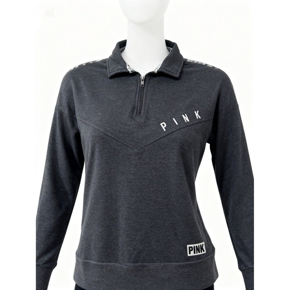 Pink Victoria's Secret Pullover Women XS Gray Quarter Zip Palm Sweatshirt Crop